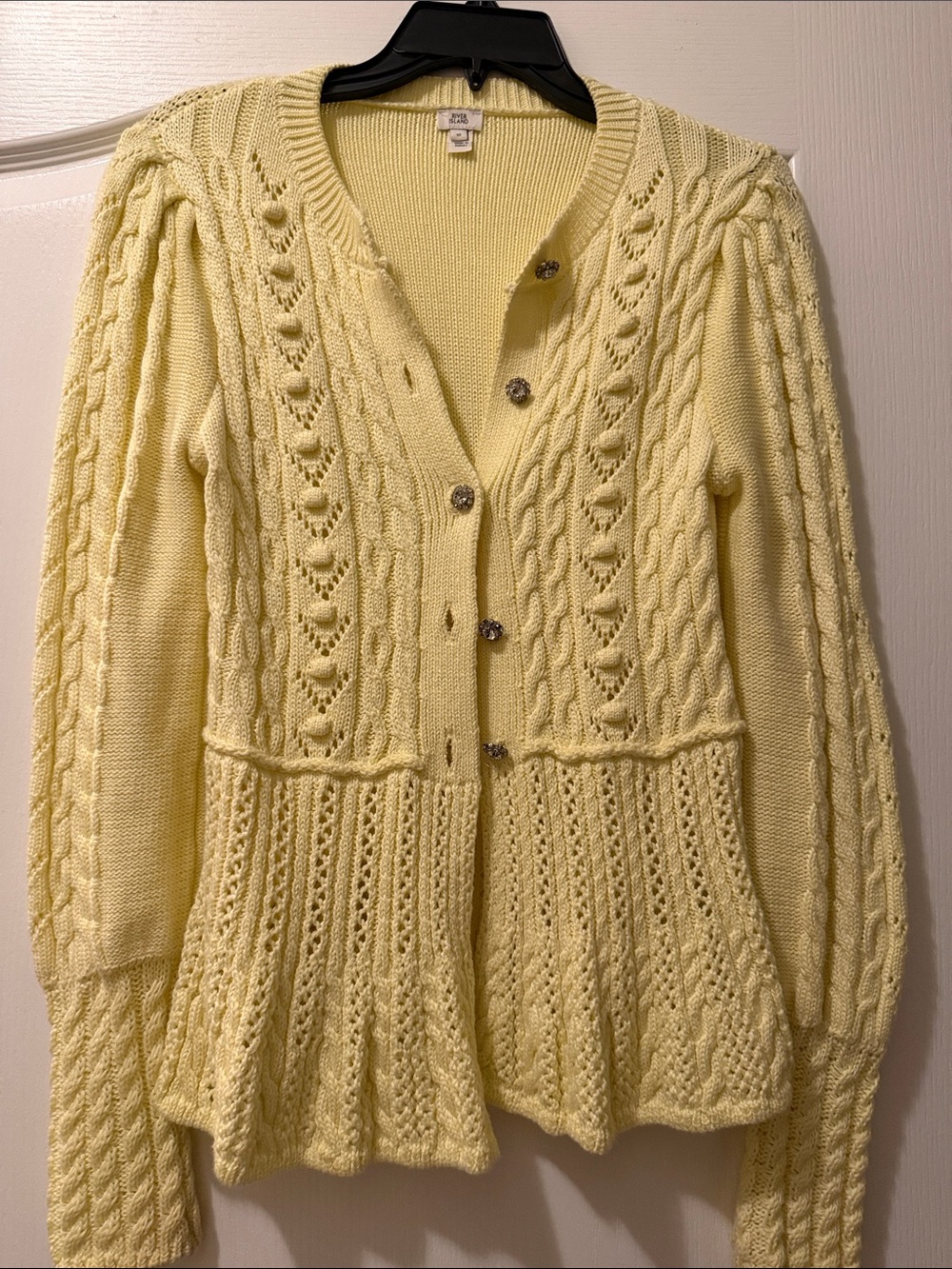 River Island Pale Yellow Cable Knit Peplum Cardigan